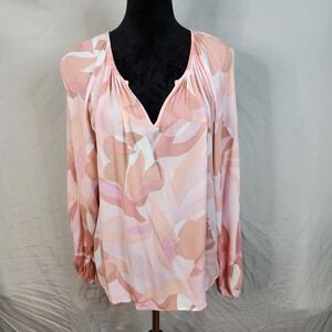 EMILY WONDER Size Medium 100% Rayon Crinkle Soft Pink Floral Boho Peasant Blouse